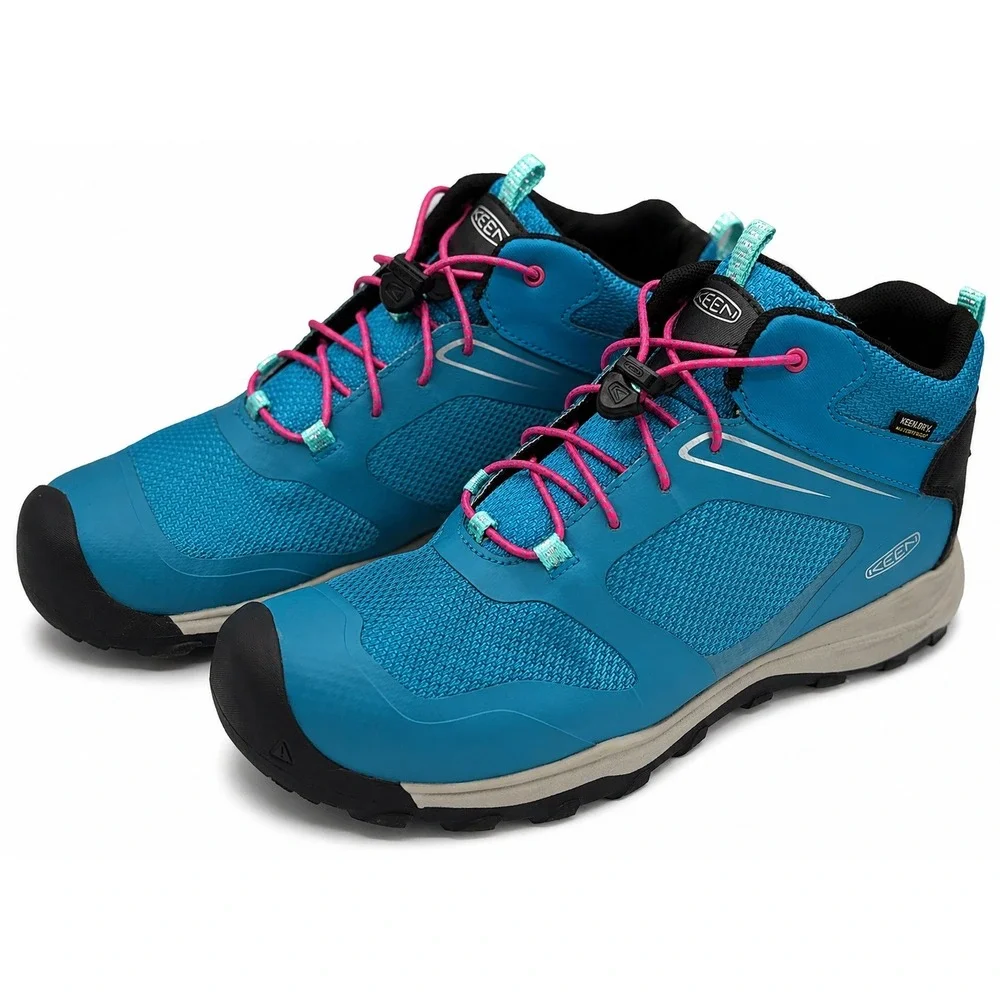 KEEN Wanduro Kids 7Y Blue Pink Mid Waterproof Trail Running Hiking Boots 1027896